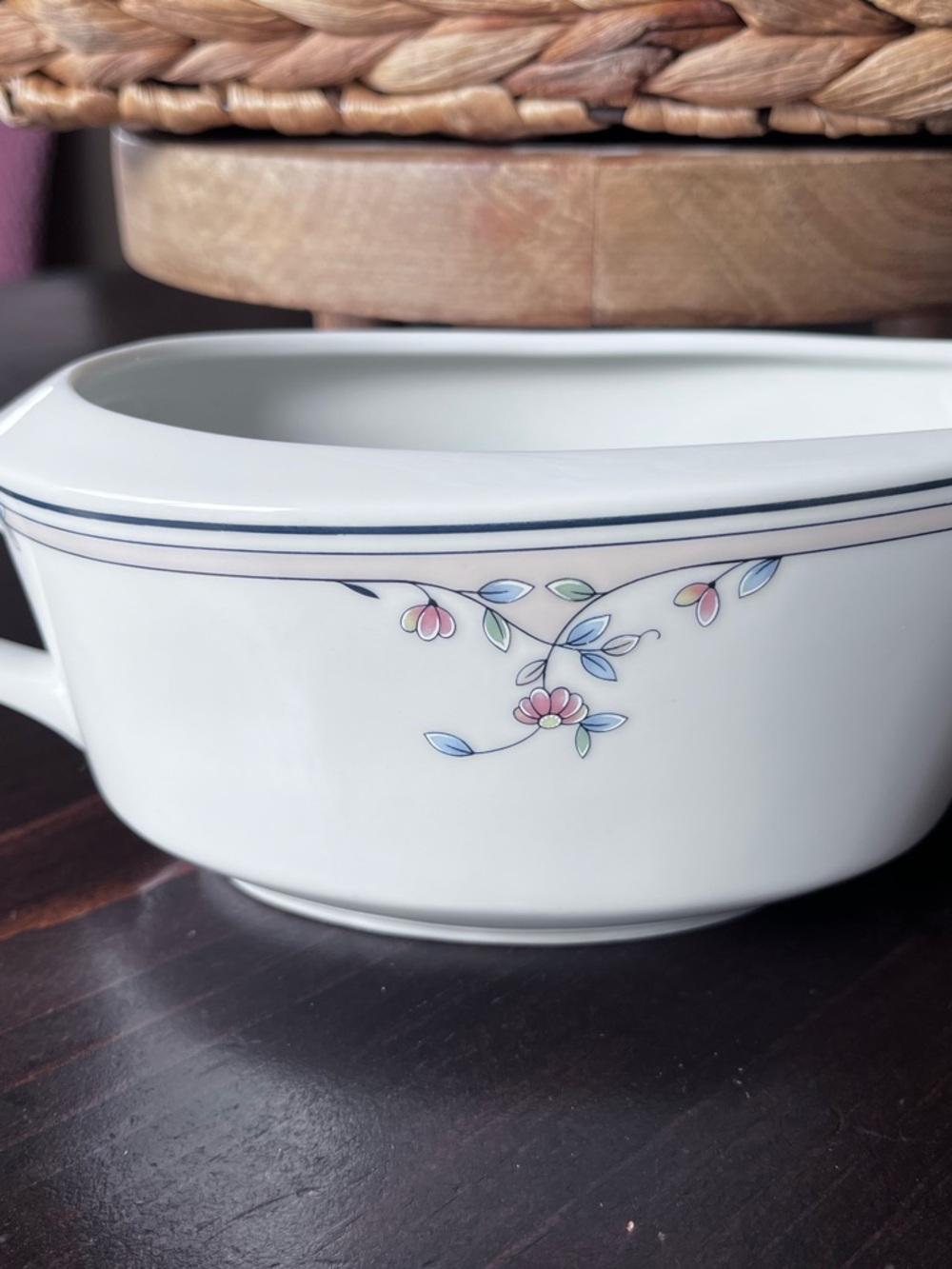 Princess House White Porcelain Gravy Boat with Pink and Blue Floral Accents